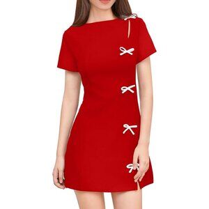 Women Red Short Sleeve Mini Dress with White Bow Details Elegant Party Outfit